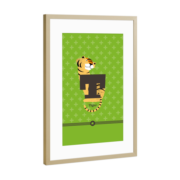 Poster mit Rahmen Gold "T wie Tiger" artboxONE - Für Kinder,Buchstaben,Buchstaben / T