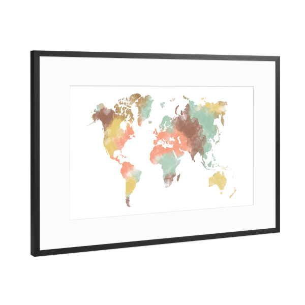 Poster mit Rahmen Schwarz (Metallic) "World map pastel" artboxONE - Reise,Kartografie - World map,Worldmap,Map,World