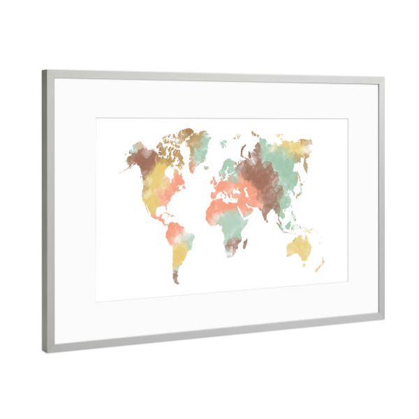 Poster mit Rahmen Silber "World map pastel" artboxONE - Reise,Kartografie - World map,Worldmap,Map,World