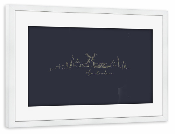 Poster mit Rahmen weiß "Pen line silhouette Amsterdam blue" artboxONE - Städte,Städte / Amsterdam - Skyline,Amsterdam,Holland,Niederlande,Netherlands