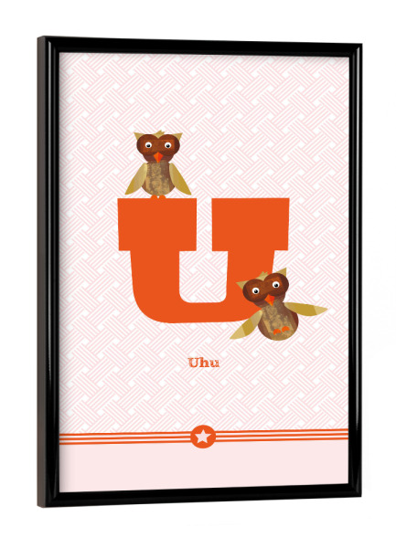 Poster mit schwarzem Rahmen "U wie Uhu" artboxONE - Für Kinder,Buchstaben,Buchstaben / U