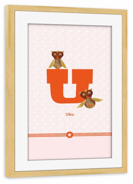 Poster mit Rahmen kiefer "U wie Uhu" artboxONE - Für Kinder,Buchstaben,Buchstaben / U