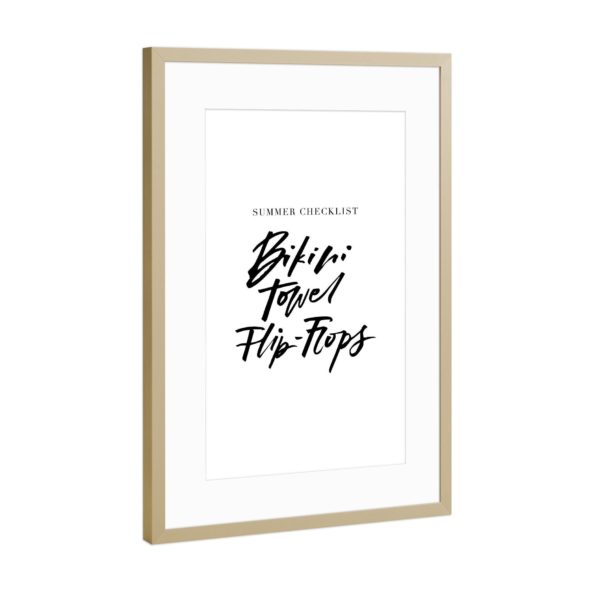 Poster mit Rahmen Gold "Summer Checklist Bikini Flip-Flops" artboxONE - Typografie,Reise,Schwarzweiß,Reise / Strand und Meer
