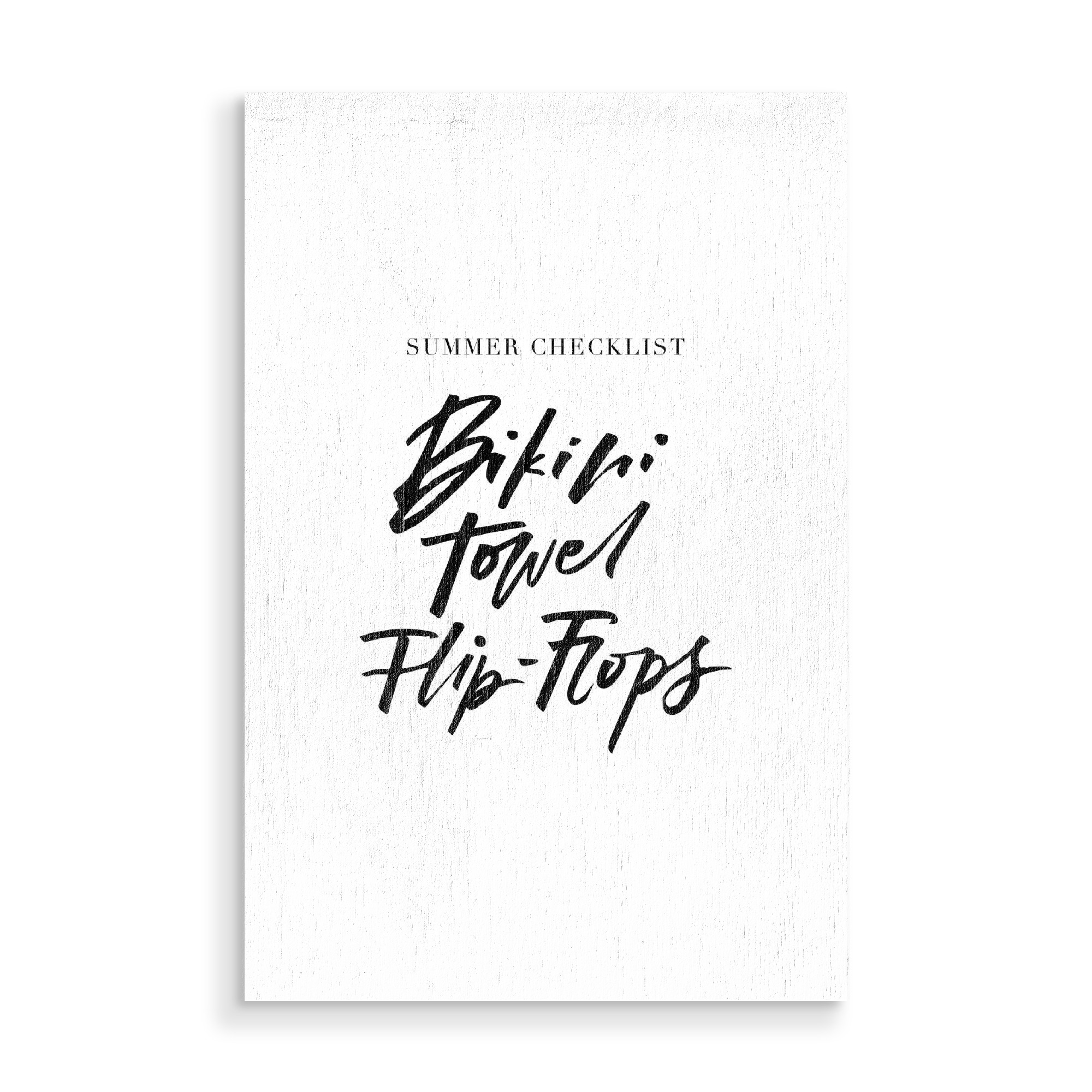 Holzbild "Summer Checklist Bikini Flip-Flops" artboxONE - Typografie,Reise,Schwarzweiß,Reise / Strand und Meer - Bikini,Flip flops,Towel,Summer,Beach