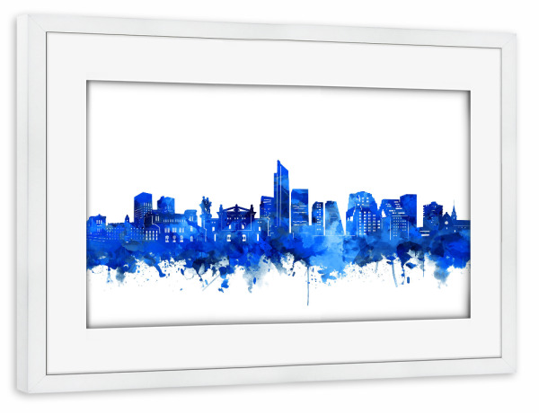 Poster mit Rahmen weiß "Oslo skyline watercolor blue" artboxONE - Städte,Architektur,Städte / Weitere - Oslo,Skyline,Norwegen,Norway