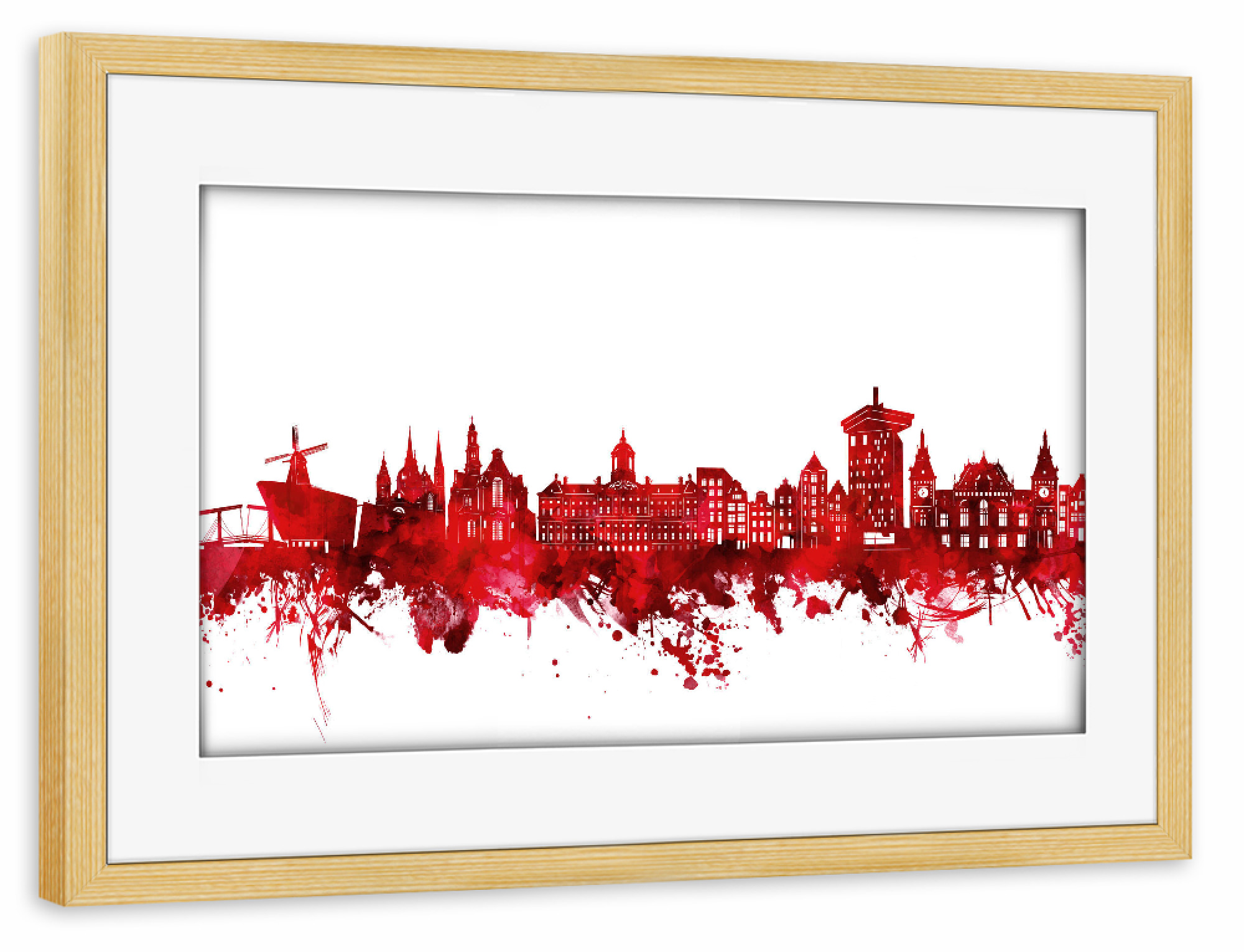 Poster mit Rahmen kiefer "Amsterdam skyline watercolor red" artboxONE - Städte,Architektur,Städte / Amsterdam
