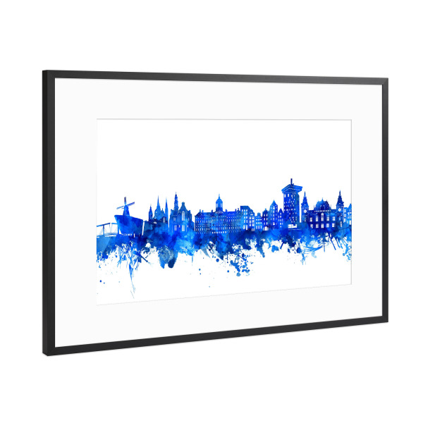 Poster mit Rahmen Schwarz (Metallic) "Amsterdam skyline watercolor blue" artboxONE - Städte,Architektur,Städte / Amsterdam