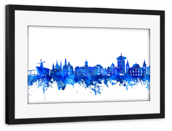 Poster mit Rahmen schwarz "Amsterdam skyline watercolor blue" artboxONE - Städte,Architektur,Städte / Amsterdam