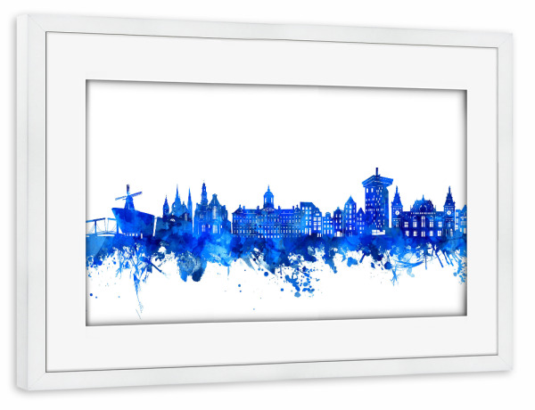 Poster mit Rahmen weiß "Amsterdam skyline watercolor blue" artboxONE - Städte,Architektur,Städte / Amsterdam