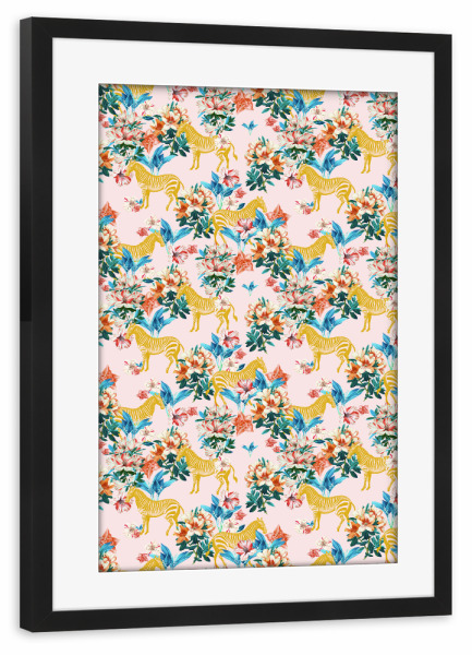 Poster mit Rahmen schwarz "Floral and Zebras" artboxONE - Floral,Tiere - Flowers,Zebra,Blumen