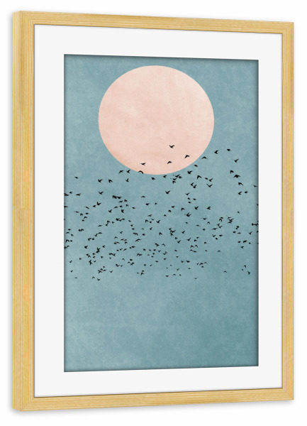 Poster mit Rahmen kiefer "Fly away into the sun" artboxONE - Natur,Tiere,Abstrakt - Vogel,Bird,Sun,Sonne,Abstrakt,Fliegen