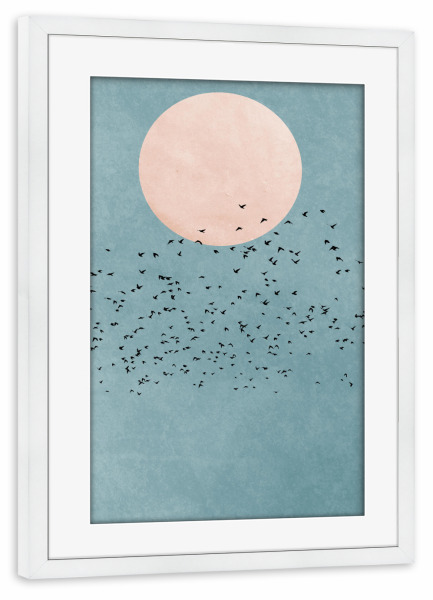 Poster mit Rahmen weiß "Fly away into the sun" artboxONE - Natur,Tiere,Abstrakt - Vogel,Bird,Sun,Sonne,Abstrakt,Fliegen