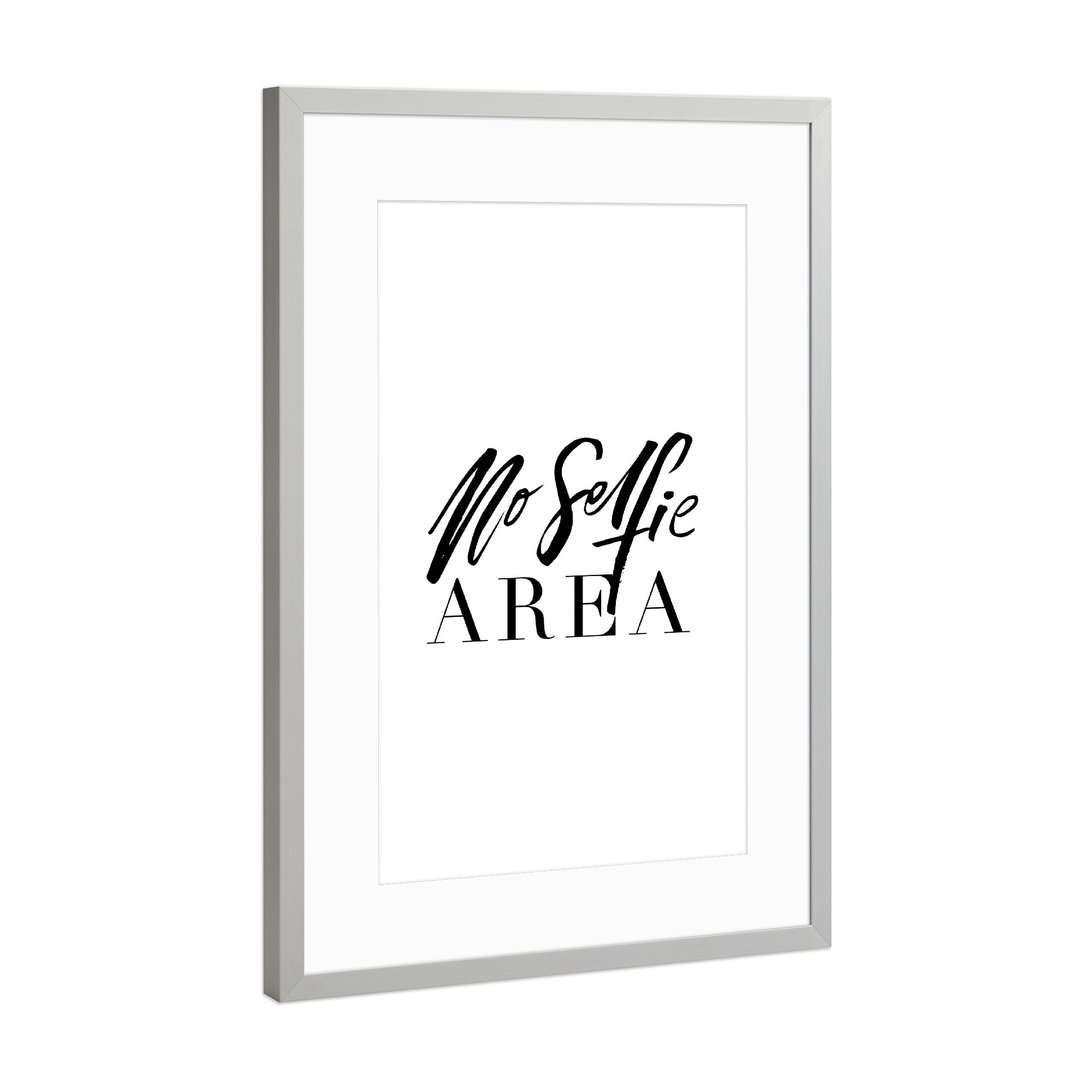 Poster mit Rahmen Silber "No Selfie Area" artboxONE - Typografie,Schwarzweiß,Lustig - Selfie,Area