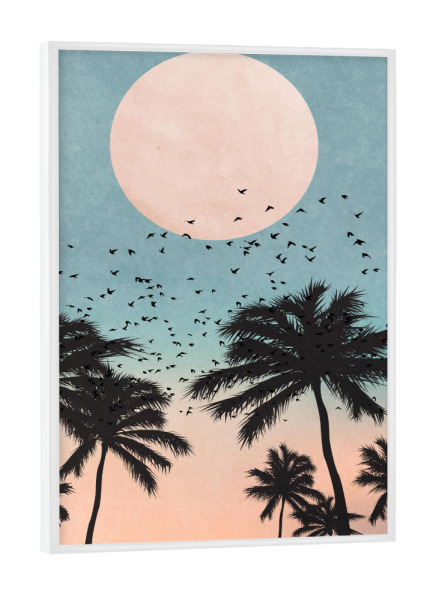 Poster mit weißem Rahmen "Sunrise Avenue" artboxONE - Abstrakt - Palmen,Palms,Palme,Palm,Sunset,Sonnenuntergang,Bird,Vögel