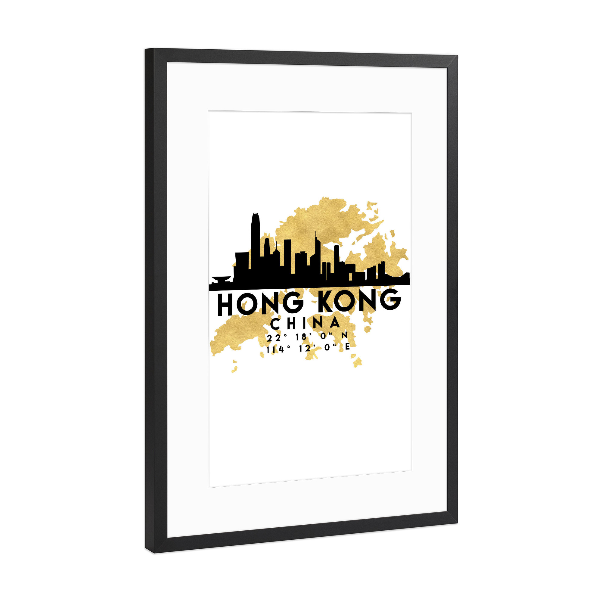 Poster mit Rahmen Schwarz (Metallic) "HONG KONG CHINA SKYLINE MAP ART" artboxONE - Städte - Hong kong,China,Skyline