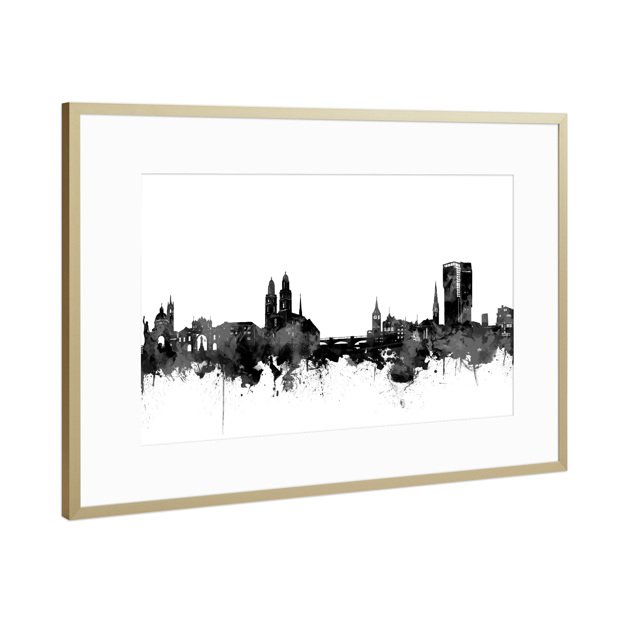 Poster mit Rahmen Gold "Zurich skyline black and white" artboxONE - Schwarzweiß,Städte / Zürich - Zurich,Zurich switzerland