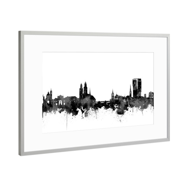 Poster mit Rahmen Silber "Zurich skyline black and white" artboxONE - Schwarzweiß,Städte / Zürich - Zurich,Zurich switzerland