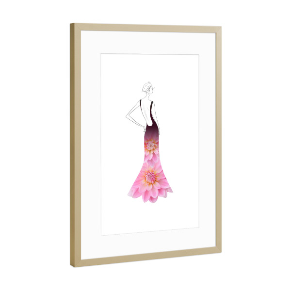 Poster mit Rahmen Gold "Fashion dahlias" artboxONE - Floral,Fashion - Flowers,Dahlia,Blume,Dress,Girl,Woman