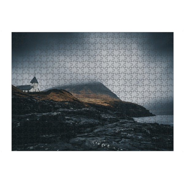 Puzzle Ravensburger "Kirche von Viðareiði" artboxONE - Natur,Reise - Kirche,Klippe,Berg - Bild kirche
