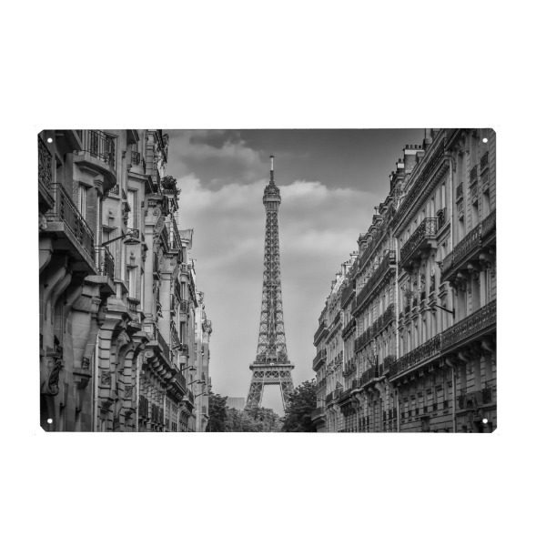 Metall Poster "Pariser Flair | Monochrom" artboxONE - Städte,Reise,Schwarzweiß,Architektur,Städte / Paris,Reise / Länder - Paris,Eiffelturm,Straße