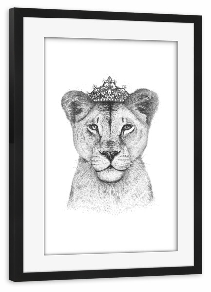 Poster mit Rahmen schwarz "The Lioness Queen" artboxONE - Tiere,Schwarzweiß,Lustig - Löwin,Löwe,Königin,Krone,Löwenkönigin,Tier,Schwarzweiß
