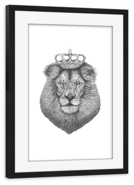 Poster mit Rahmen schwarz "The King" artboxONE - Tiere,Schwarzweiß,Lustig - Löwe,König,Krone,Tier,Schwarzweiß,Portrait