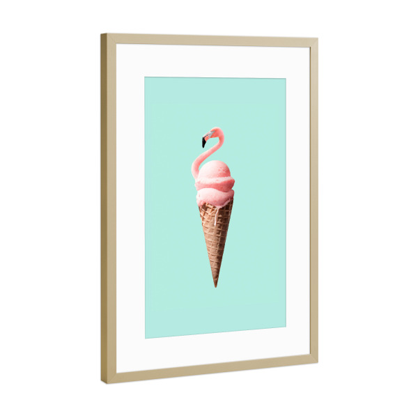 Poster mit Rahmen Gold "FLAMINGO EIS" artboxONE - Natur,Für Kinder,Tiere,Essen & Trinken,Reise / Strand und Meer