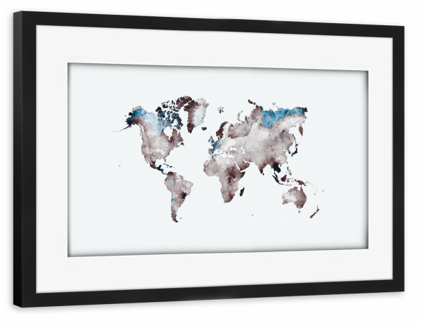Poster mit Rahmen schwarz "World map 79 white blue" artboxONE - Reise,Reise / Länder,Kartografie - Weltkarte,Welt,Karte