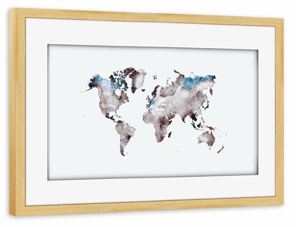 Poster mit Rahmen kiefer "World map 79 white blue" artboxONE - Reise,Reise / Länder,Kartografie - Weltkarte,Welt,Karte