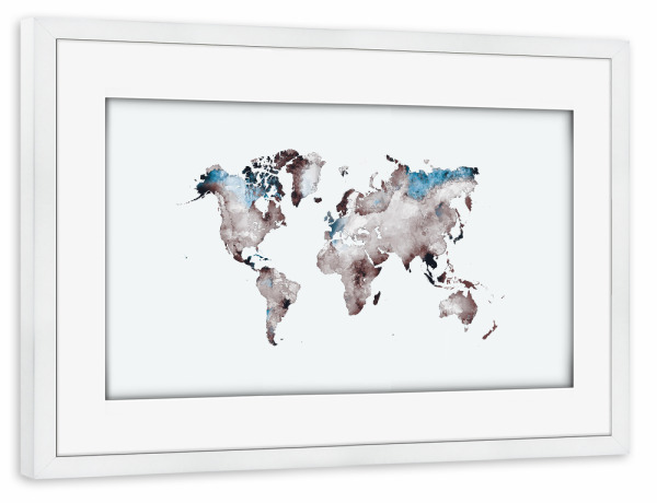 Poster mit Rahmen weiß "World map 79 white blue" artboxONE - Reise,Reise / Länder,Kartografie - Weltkarte,Welt,Karte