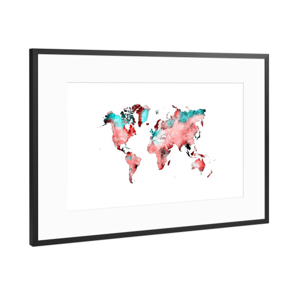 Poster mit Rahmen Schwarz (Metallic) "World map 78 red blue" artboxONE - Reise,Reise / Länder,Kartografie