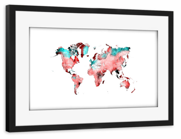 Poster mit Rahmen schwarz "World map 78 red blue" artboxONE - Reise,Reise / Länder,Kartografie