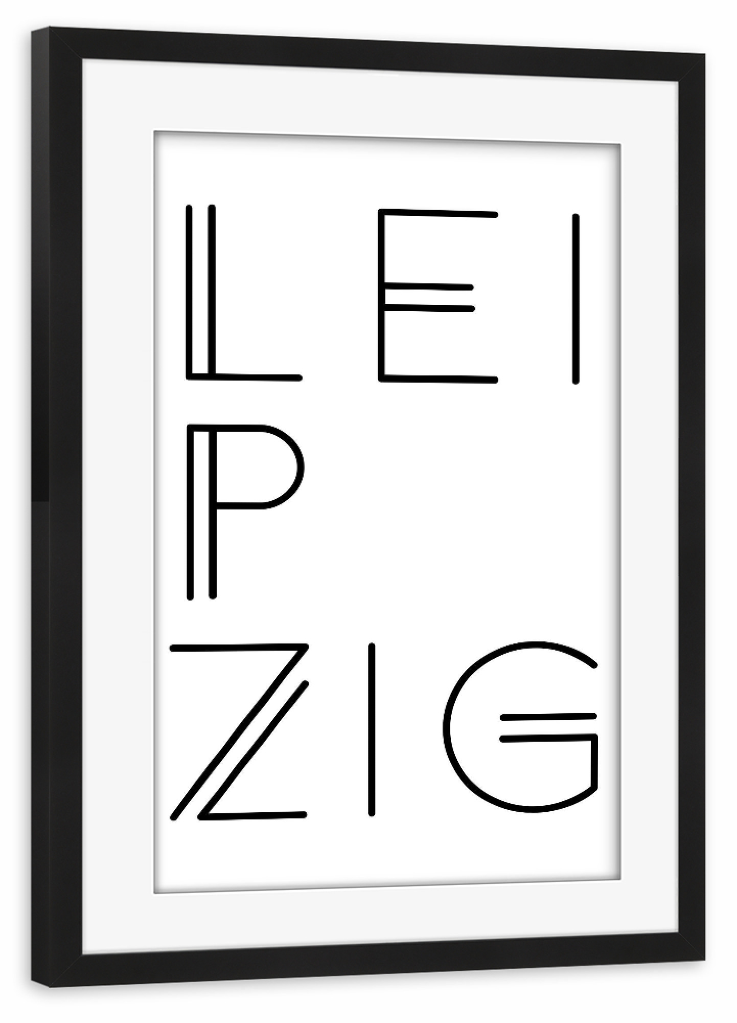 Poster mit Rahmen schwarz "Typobild LEIPZIG" artboxONE - Städte,Typografie,Schwarzweiß - Leipzig,Stadt,City