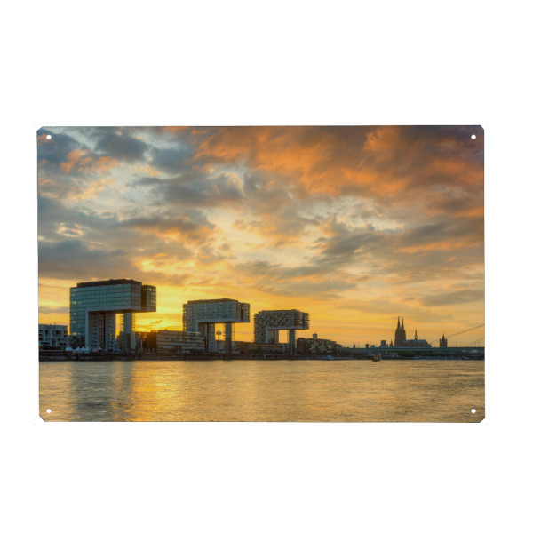 Metall Poster "Köln in Flammen" artboxONE - Städte,Städte / Köln,Architektur - Köln,Rhein,Sonnenuntergang,Kranhäuser - Blechschild