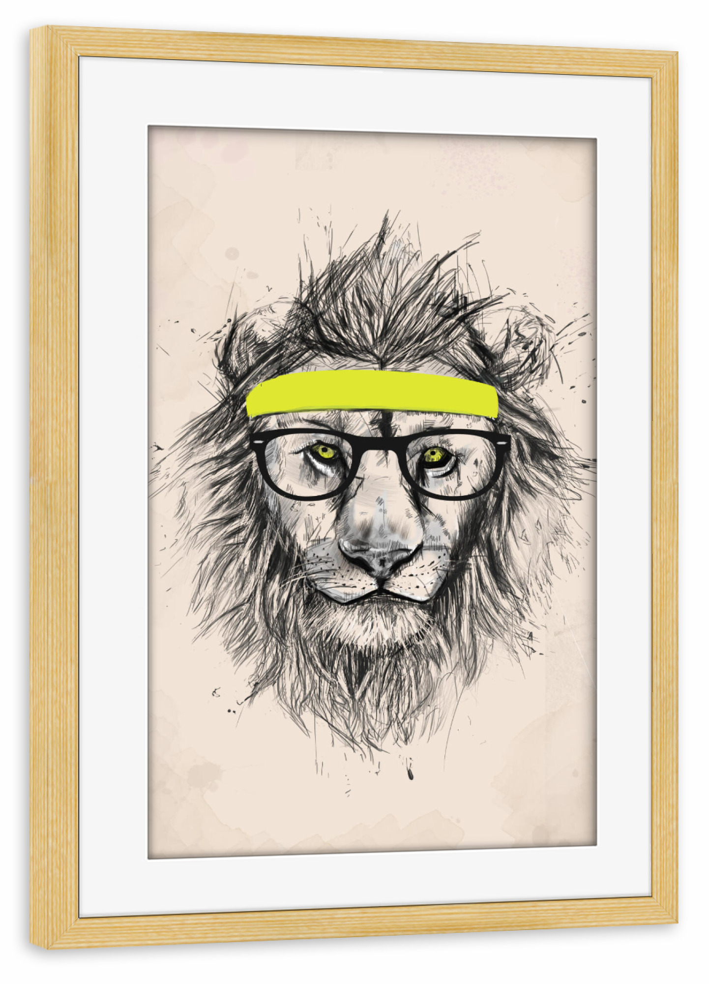 Poster mit Rahmen kiefer "Hipster lion" artboxONE - Tiere - Lion,Headband,Sport