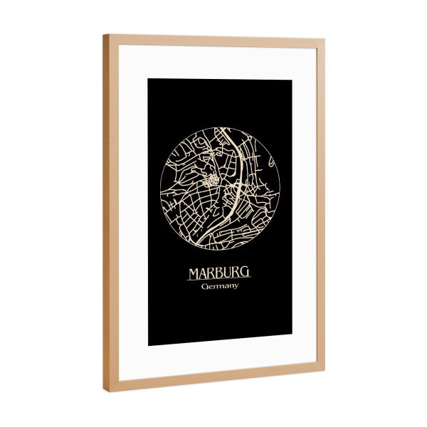 Poster mit Rahmen Kupfer "Retro Map Marburg Germany Circle" artboxONE - Städte,Reise,Schwarzweiß,Städte / Weitere,Kartografie