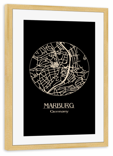 Poster mit Rahmen kiefer "Retro Map Marburg Germany Circle" artboxONE - Städte,Reise,Schwarzweiß,Städte / Weitere,Kartografie