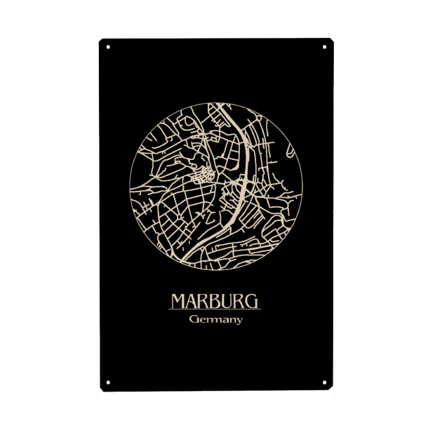 Metall Poster "Retro Map Marburg Germany Circle" artboxONE - Städte,Reise,Schwarzweiß,Städte / Weitere,Kartografie - Retro,Map,Marburg,Germany