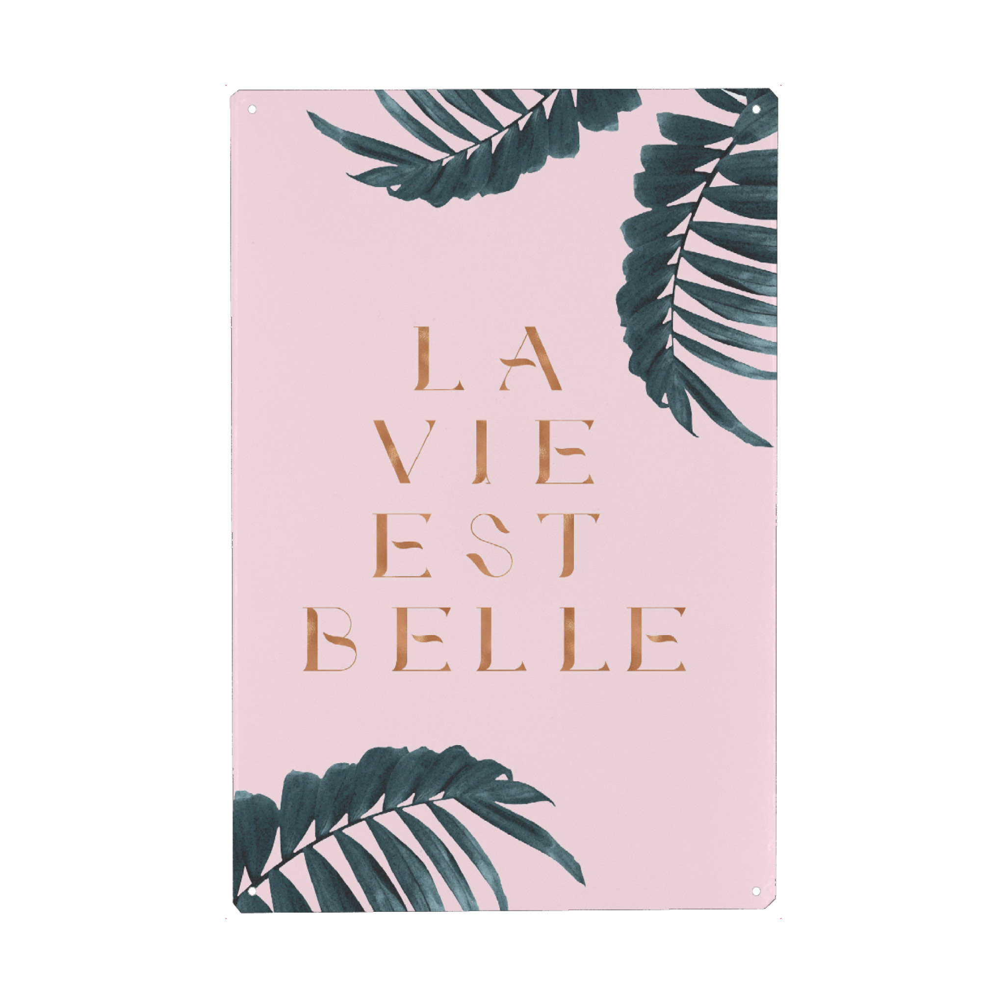 Metall Poster "La Vie est Belle Rose Gold Edition" artboxONE - Natur,Abstrakt - Quote,French,France,Palm - Blechschild