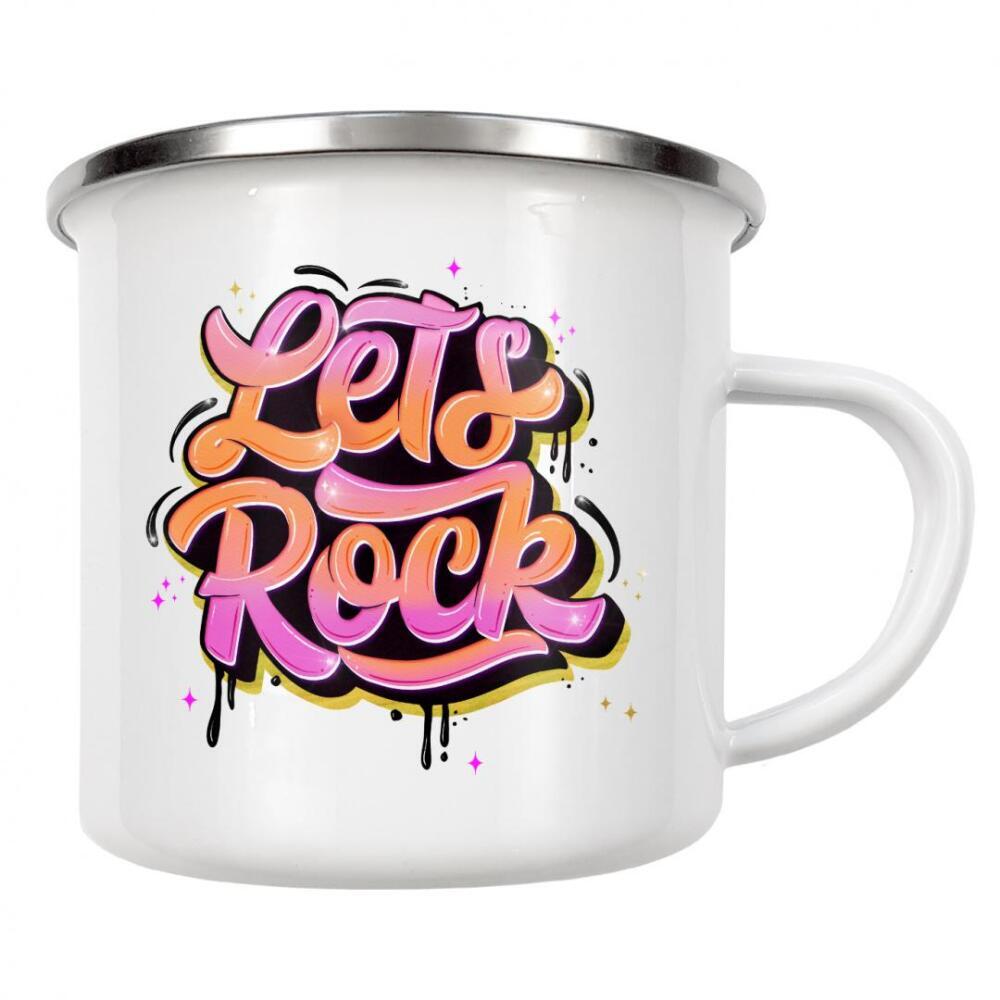 Emaille Tasse "Let's Rock Day and Night" artboxONE - Typografie,Musik,Lustig