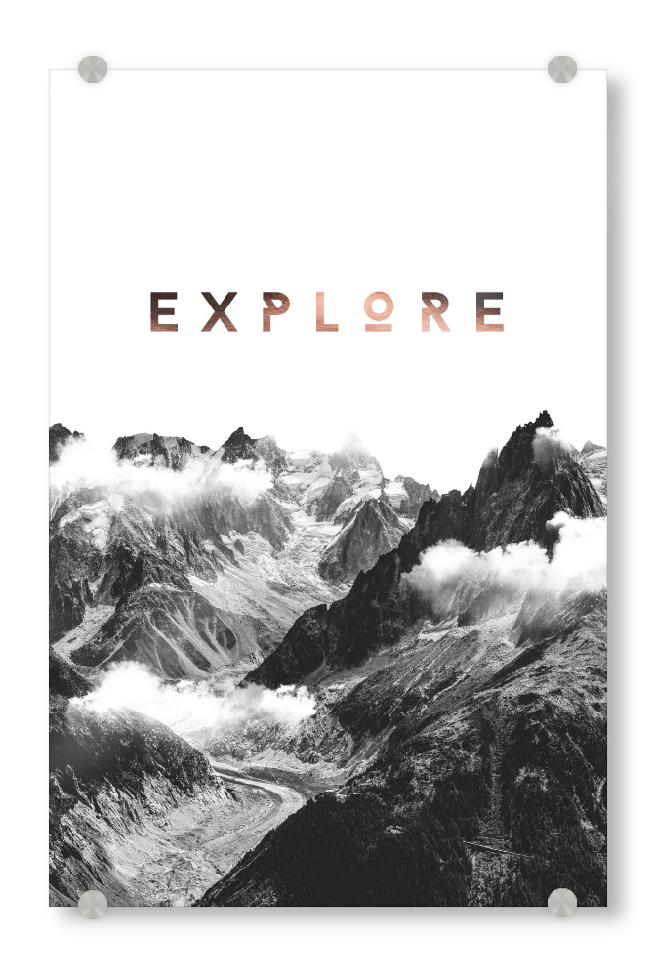 Acrylglasbild "Explorer's Highs" artboxONE - Typografie,Reise,Schwarzweiß - Mountains,Explore