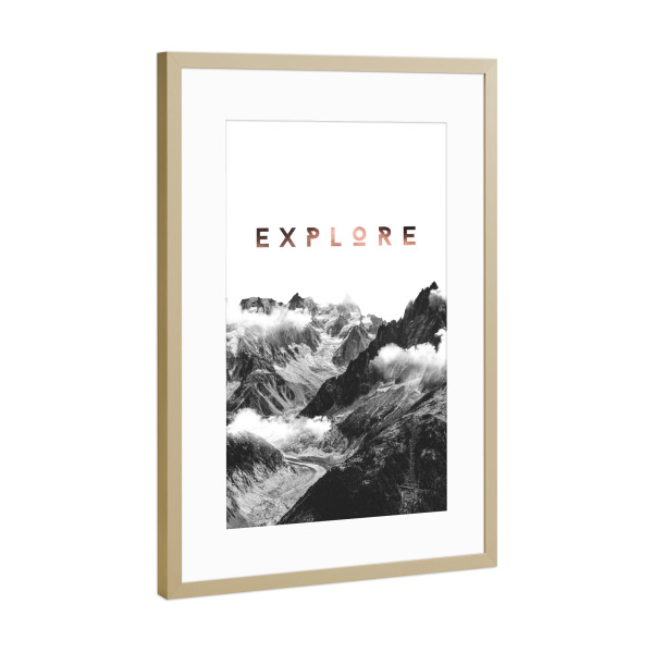 Poster mit Rahmen Gold "Explorer's Highs" artboxONE - Typografie,Reise,Schwarzweiß - Mountains,Explore