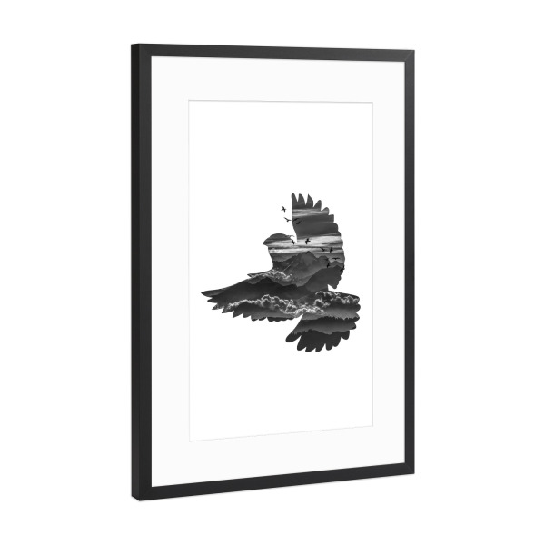 Poster mit Rahmen Schwarz (Metallic) "Freedom Bird" artboxONE - Natur,Tiere,Schwarzweiß - Clouds,Birds,Mountain