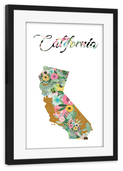 Poster mit Rahmen schwarz "California Karte vintage flowers" artboxONE - Kartografie - Kalifornien,Karte
