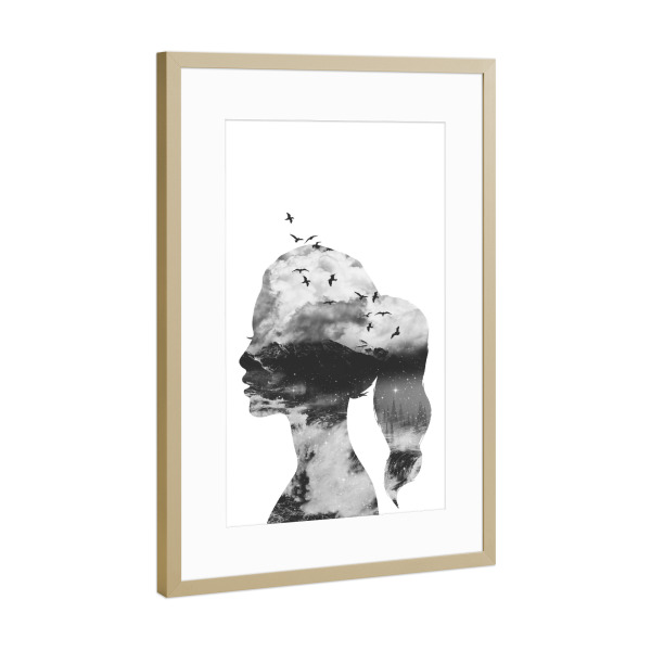 Poster mit Rahmen Gold "Wild thoughts" artboxONE - Abstrakt,Schwarzweiß - Mountain,Girl,Birds,Surrealism