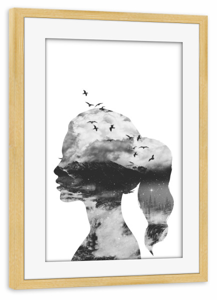 Poster mit Rahmen kiefer "Wild thoughts" artboxONE - Abstrakt,Schwarzweiß - Mountain,Girl,Birds,Surrealism