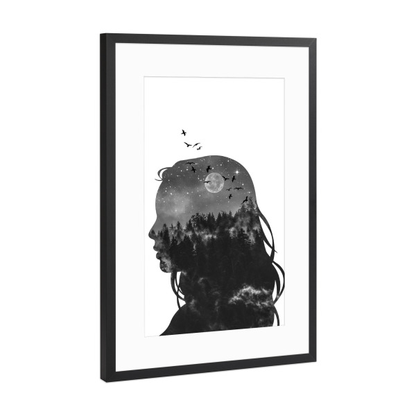 Poster mit Rahmen Schwarz (Metallic) "Midnight Dream" artboxONE - Abstrakt,Schwarzweiß - Forest,Girl,Birds