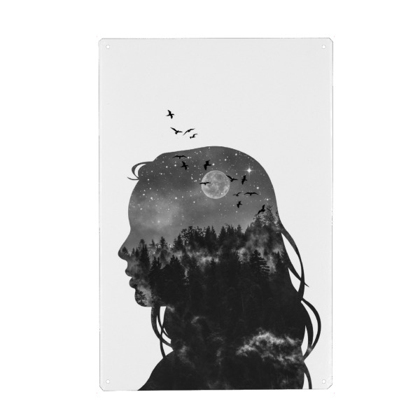 Holzbild "Midnight Dream" artboxONE - Abstrakt,Schwarzweiß - Forest,Girl,Birds