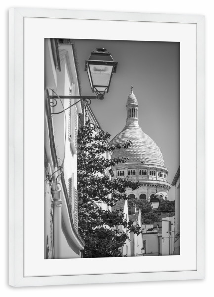 Poster mit Rahmen weiß "PARIS Gasse in Montmartre" artboxONE - Schwarzweiß,Städte / Paris - Paris,Architektur,Sehenswürdigkeit