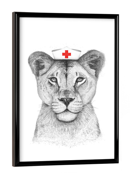 Poster mit schwarzem Rahmen "Dr. Löwin" artboxONE - Tiere - Löwe,Löwin,Doktorin,Doktor,Dr.,Krankenschwester,Nurse